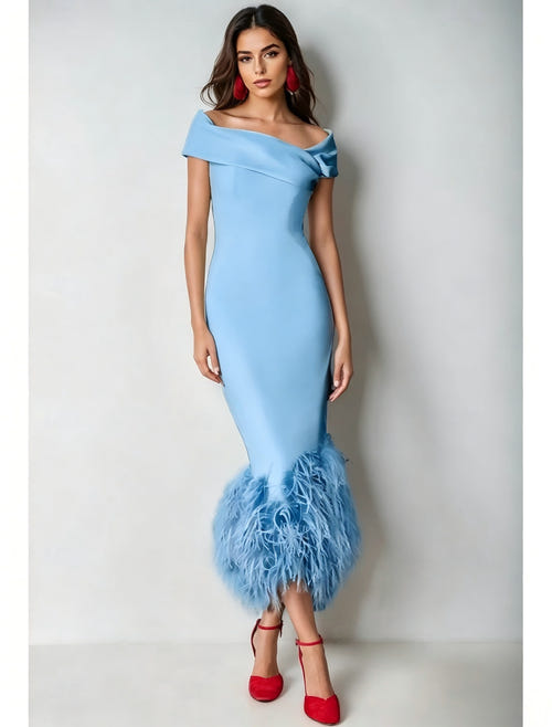 Mermaid Cocktail Party Dress Off The Shoulder Short Sleeves Ankle Length Feather Dress Formal Black Tie