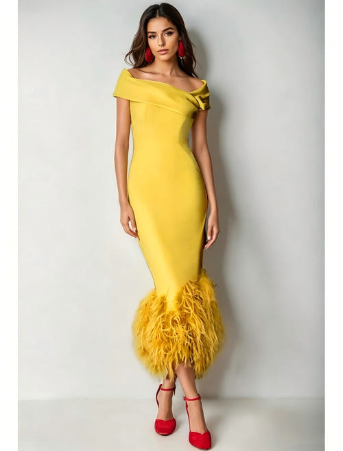 Mermaid Cocktail Party Dress Off The Shoulder Short Sleeves Ankle Length Feather Dress Formal Black Tie