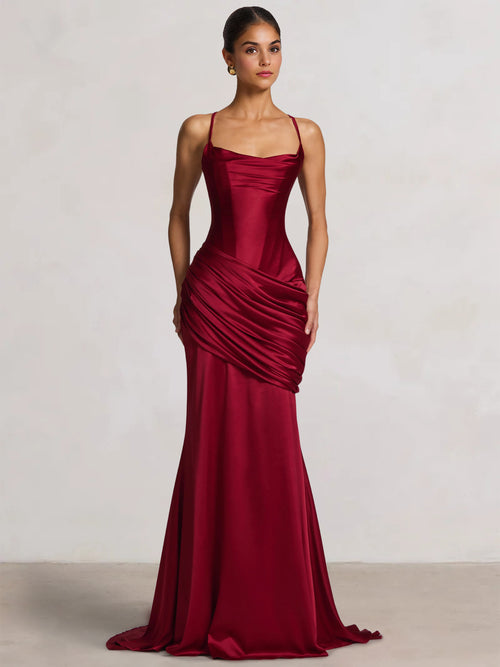 Mermaid Evening Dress Corset Formal Gown Spaghetti Straps Floor Length Sequins Ruched Dress