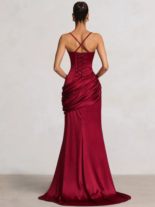 Mermaid Evening Dress Corset Formal Gown Spaghetti Straps Floor Length Sequins Ruched Dress