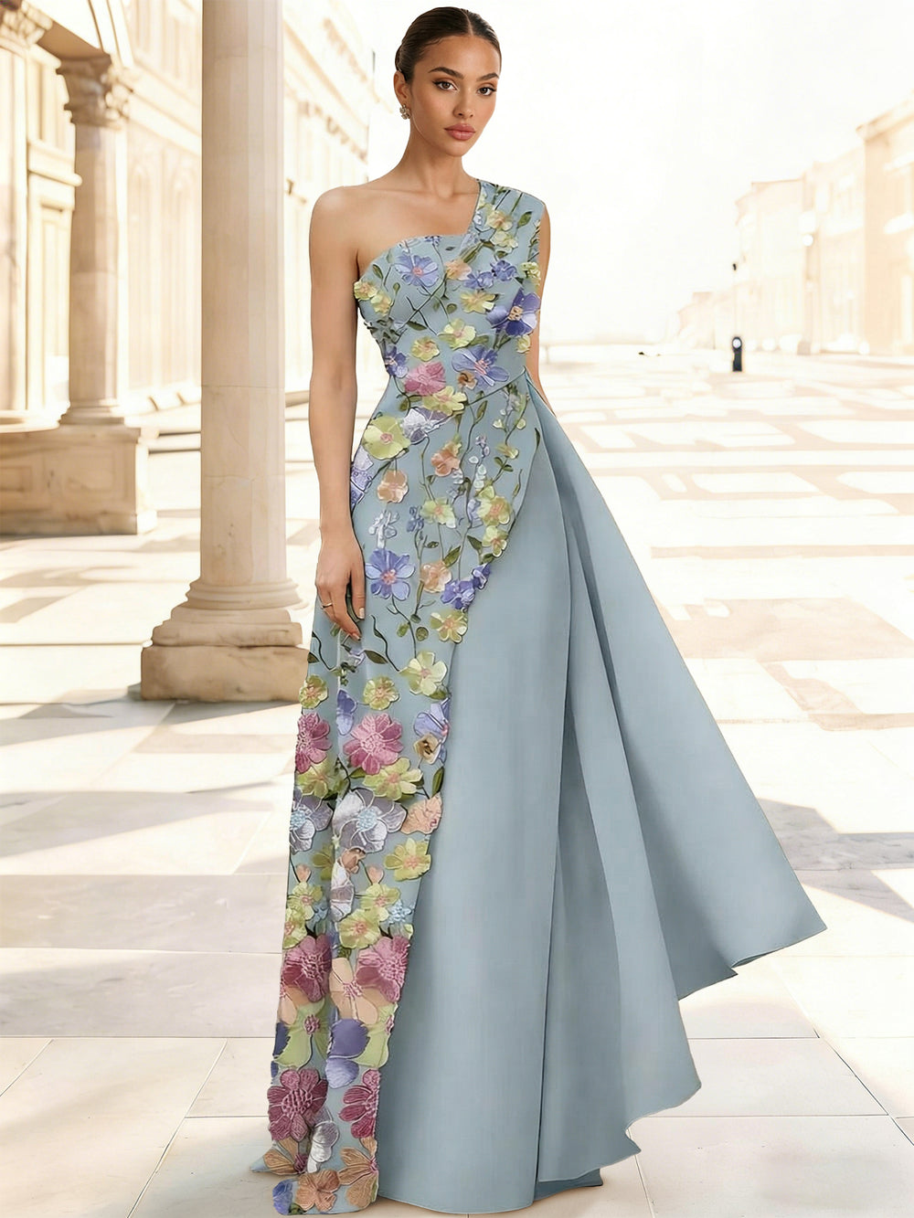 Sheath/Column One-Shoulder Sleeveless Floral Evening Dresses With Pleats Ruched Wedding Formal