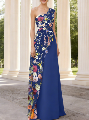 Sheath/Column One-Shoulder Sleeveless Floral Evening Dresses With Pleats Ruched Wedding Formal