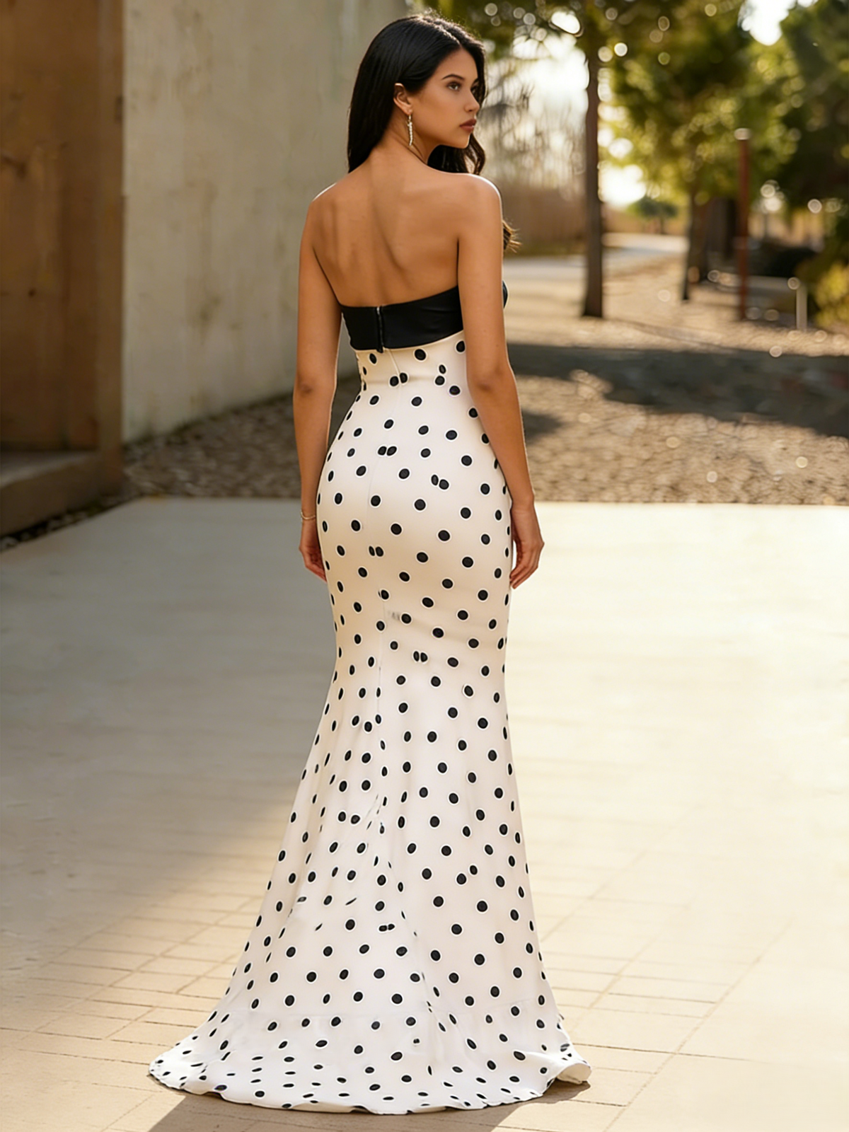 Mermaid Prom Dress Color Block Satin Off Shoulder Sleeveless Floor-Length Formal Dresses With Polka Dots
