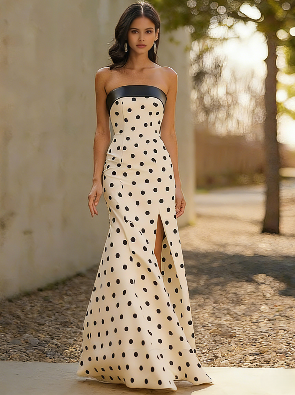 Mermaid Prom Dress Color Block Satin Off Shoulder Sleeveless Floor-Length Formal Dresses With Polka Dots