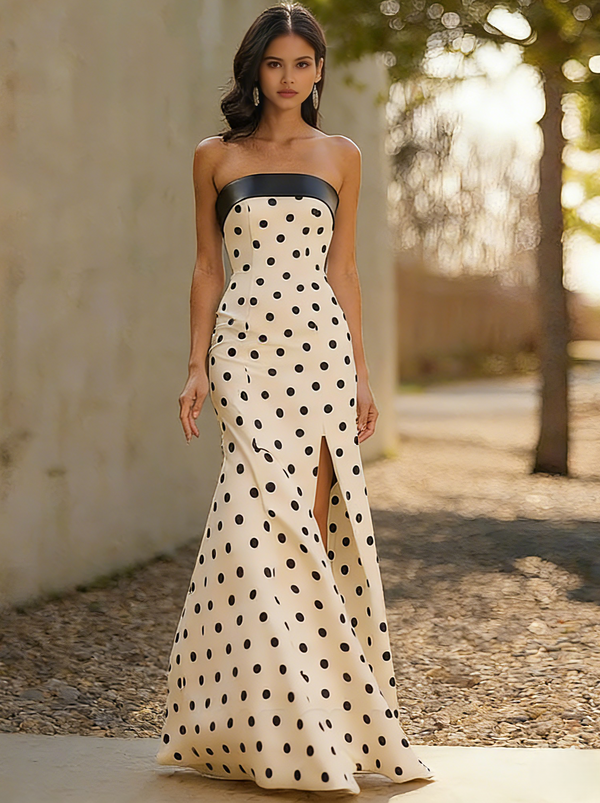 Mermaid Prom Dress Color Block Satin Off Shoulder Sleeveless Floor-Length Formal Dresses With Polka Dots