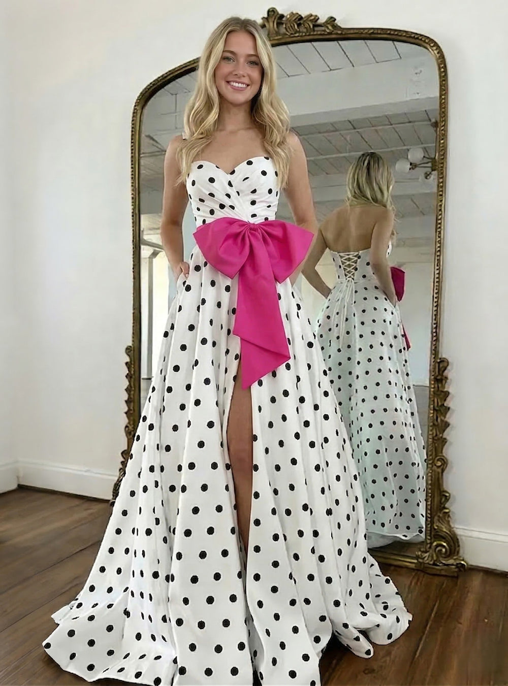 A-Line/Princess Prom Dress Satin Sweetheart Sleeveless Floor-Length Formal Dresses With Polka Dots