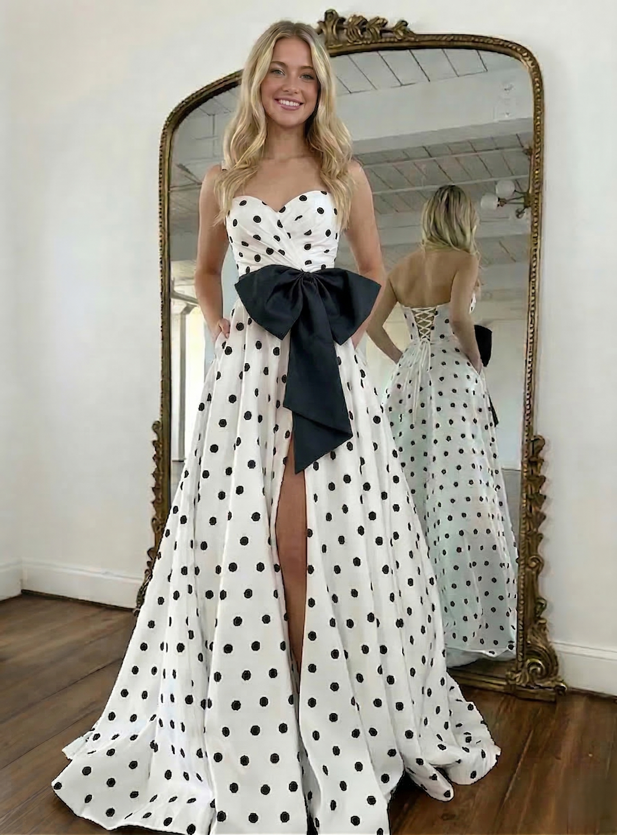 Nafori White A-Line/Princess Prom Dress Satin Sweetheart Sleeveless Floor-Length Formal Dresses With Polka Dots 2026