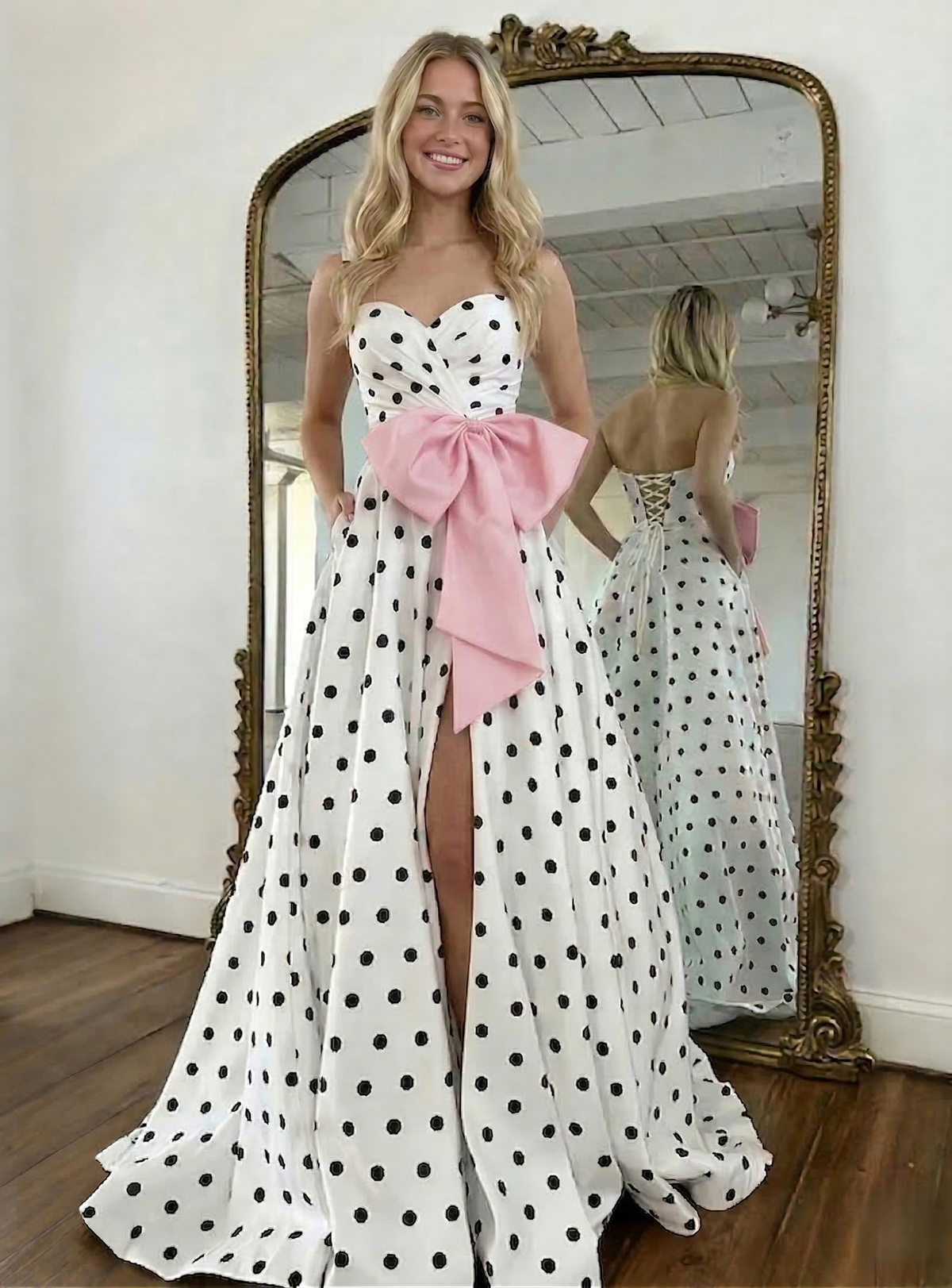 Nafori White A-Line/Princess Prom Dress Satin Sweetheart Sleeveless Floor-Length Formal Dresses With Polka Dots 2026
