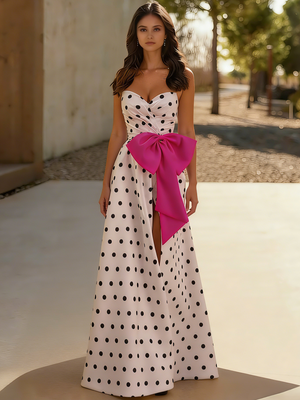 A-Line/Princess Prom Dress Satin Sweetheart Sleeveless Floor-Length Formal Dresses With Polka Dots