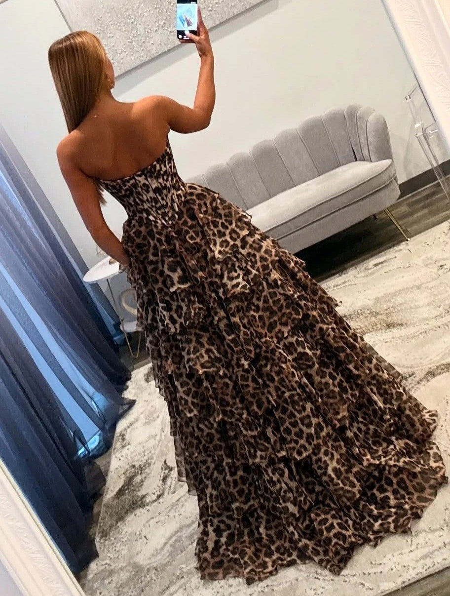 A-Line/Princess Leopard Floral Prom Dresses Basque Waist Floor-length Corset Dresses With Layered Ruffles Lace