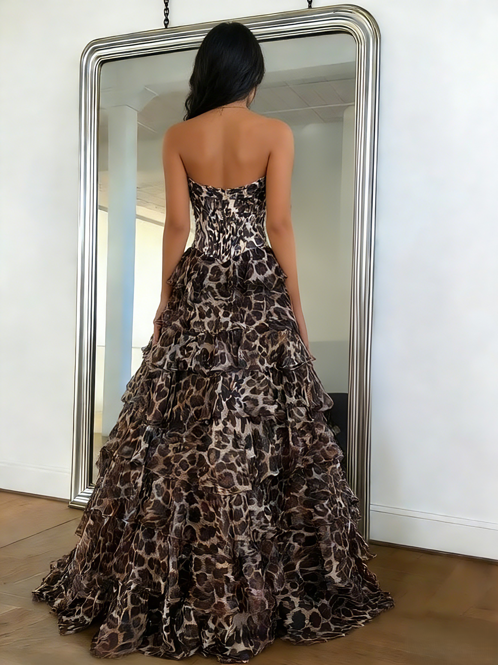 A-Line/Princess Leopard Floral Prom Dresses Floor-length Corset Dresses With Layered Ruffles Lace
