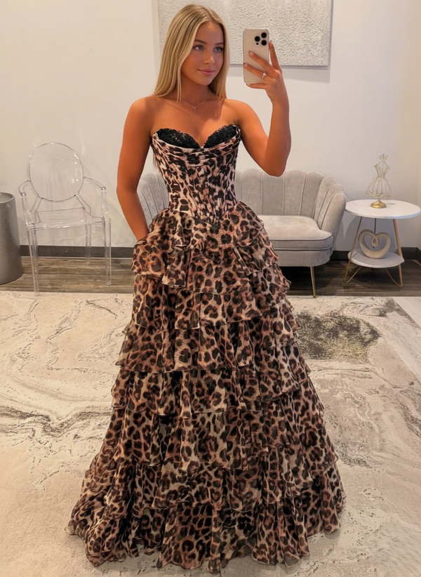 A字型/公主式豹纹碎花舞会裙，巴斯克腰，及地，带层叠荷叶边蕾丝束身裙