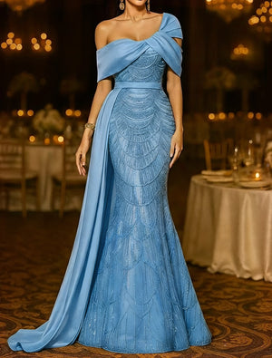 Sequin Mermaid / Trumpet Evening Gown Elegant Formal Dress Formal Wedding Floor Length Sleeveless Off Shoulder Sequined with Glitter