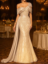 Sequin Mermaid / Trumpet Evening Gown Elegant Formal Dress Formal Wedding Floor Length Sleeveless Off Shoulder Sequined with Glitter