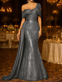Sequin Mermaid / Trumpet Evening Gown Elegant Formal Dress Formal Wedding Floor Length Sleeveless Off Shoulder Sequined with Glitter