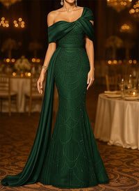 Sequin Mermaid / Trumpet Evening Gown Elegant Formal Dress Formal Wedding Floor Length Sleeveless Off Shoulder Sequined with Glitter