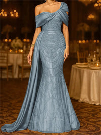 Sequin Mermaid / Trumpet Evening Gown Elegant Formal Dress Formal Wedding Floor Length Sleeveless Off Shoulder Sequined with Glitter
