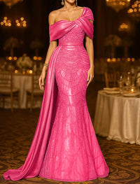 Sequin Mermaid / Trumpet Evening Gown Elegant Formal Dress Formal Wedding Floor Length Sleeveless Off Shoulder Sequined with Glitter