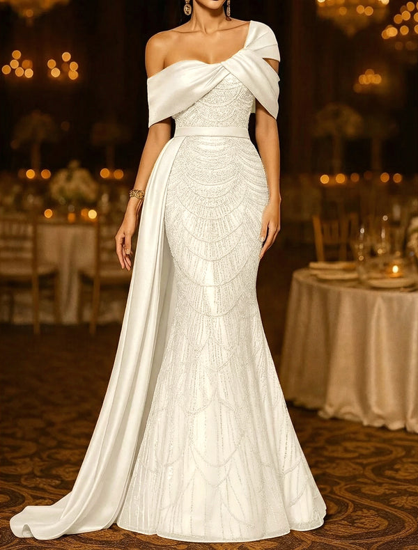 Sequin Mermaid / Trumpet Evening Gown Elegant Formal Dress Formal Wedding Floor Length Sleeveless Off Shoulder Sequined with Glitter