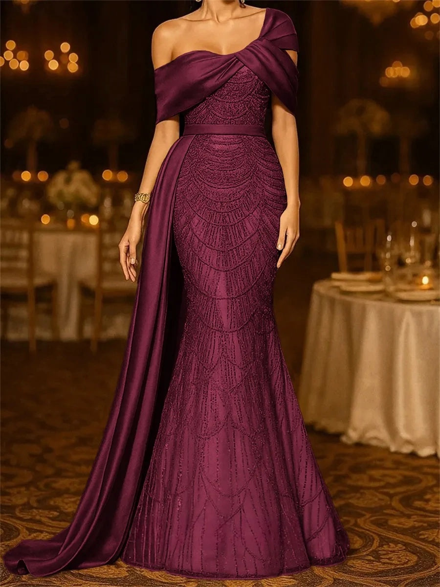 Sequin Mermaid / Trumpet Evening Gown Elegant Formal Dress Formal Wedding Floor Length Sleeveless Off Shoulder Sequined with Glitter