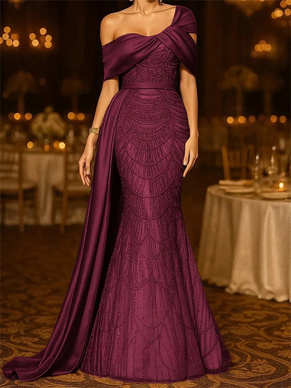Sequin Mermaid / Trumpet Evening Gown Elegant Formal Dress Formal Wedding Floor Length Sleeveless Off Shoulder Sequined with Glitter