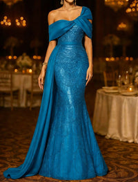 Sequin Mermaid / Trumpet Evening Gown Elegant Formal Dress Formal Wedding Floor Length Sleeveless Off Shoulder Sequined with Glitter
