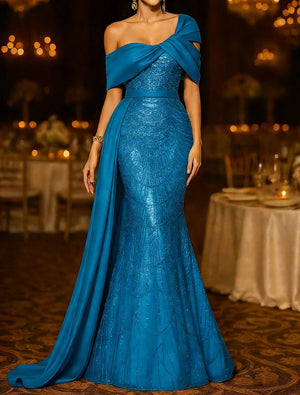 Sequin Mermaid / Trumpet Evening Gown Elegant Formal Dress Formal Wedding Floor Length Sleeveless Off Shoulder Sequined with Glitter