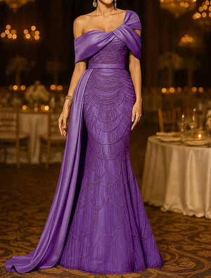 Sequin Mermaid / Trumpet Evening Gown Elegant Formal Dress Formal Wedding Floor Length Sleeveless Off Shoulder Sequined with Glitter