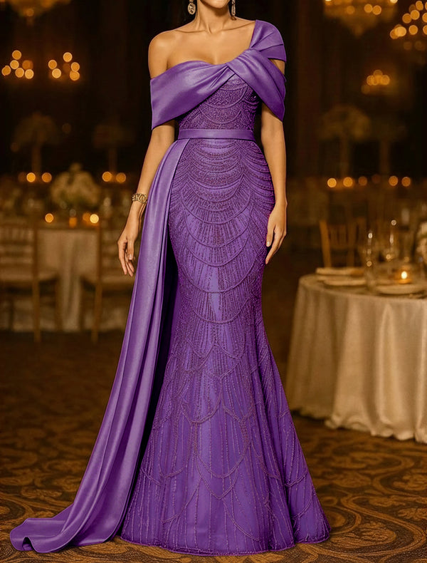 Sequin Mermaid / Trumpet Evening Gown Elegant Formal Dress Formal Wedding Floor Length Sleeveless Off Shoulder Sequined with Glitter