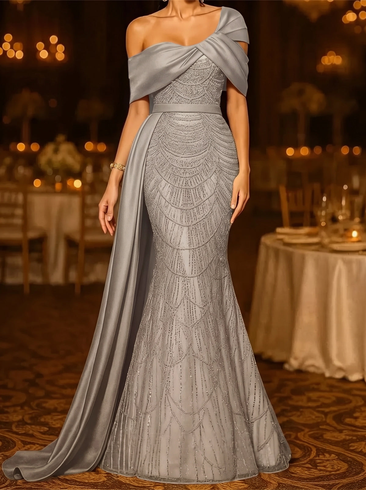 Sequin Mermaid / Trumpet Evening Gown Elegant Formal Dress Formal Wedding Floor Length Sleeveless Off Shoulder Sequined with Glitter