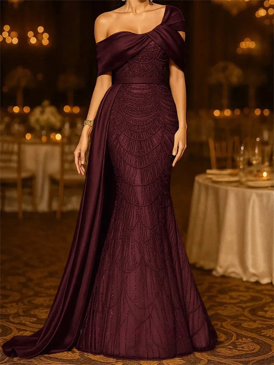 Sequin Mermaid / Trumpet Evening Gown Elegant Formal Dress Formal Wedding Floor Length Sleeveless Off Shoulder Sequined with Glitter