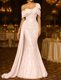 Sequin Mermaid / Trumpet Evening Gown Elegant Formal Dress Formal Wedding Floor Length Sleeveless Off Shoulder Sequined with Glitter