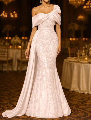 Sequin Mermaid / Trumpet Evening Gown Elegant Formal Dress Formal Wedding Floor Length Sleeveless Off Shoulder Sequined with Glitter