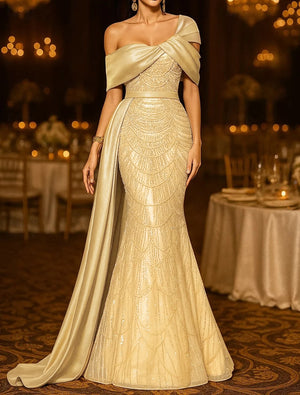 Sequin Mermaid / Trumpet Evening Gown Elegant Formal Dress Formal Wedding Floor Length Sleeveless Off Shoulder Sequined with Glitter