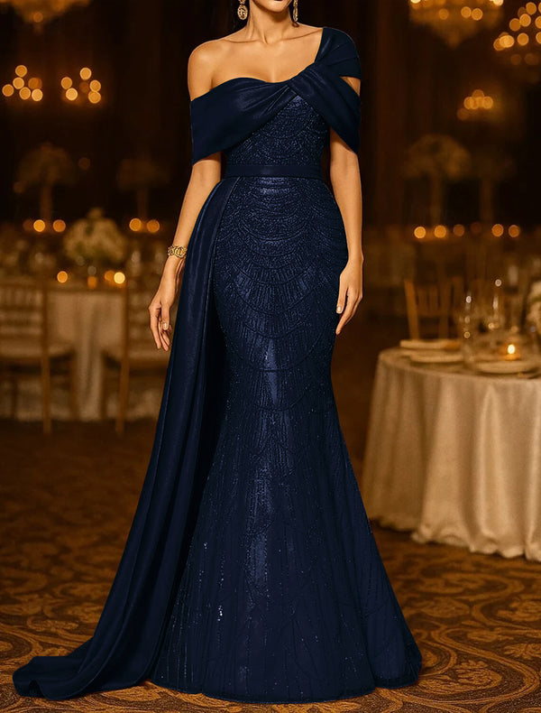 Sequin Mermaid / Trumpet Evening Gown Elegant Formal Dress Formal Wedding Floor Length Sleeveless Off Shoulder Sequined with Glitter