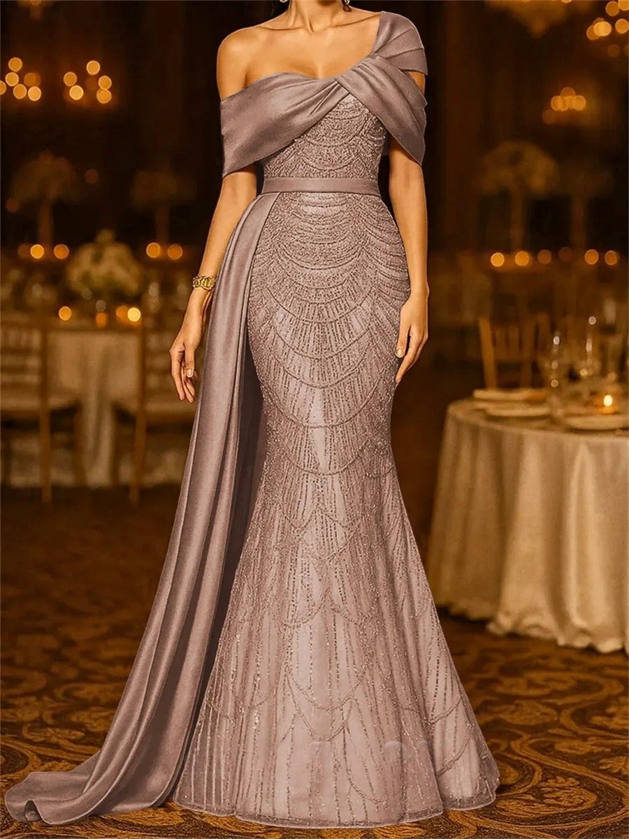 Sequin Mermaid / Trumpet Evening Gown Elegant Formal Dress Formal Wedding Floor Length Sleeveless Off Shoulder Sequined with Glitter