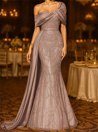 Sequin Mermaid / Trumpet Evening Gown Elegant Formal Dress Formal Wedding Floor Length Sleeveless Off Shoulder Sequined with Glitter