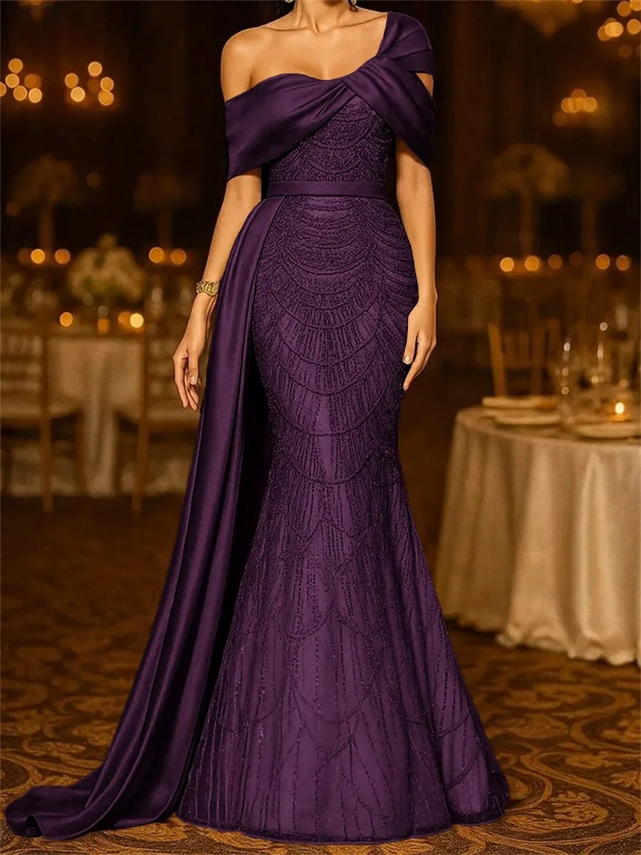 Sequin Mermaid / Trumpet Evening Gown Elegant Formal Dress Formal Wedding Floor Length Sleeveless Off Shoulder Sequined with Glitter