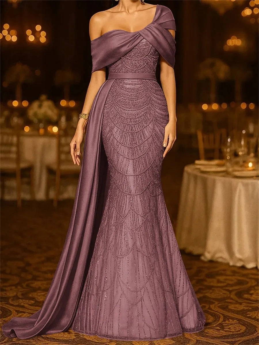 Sequin Mermaid / Trumpet Evening Gown Elegant Formal Dress Formal Wedding Floor Length Sleeveless Off Shoulder Sequined with Glitter