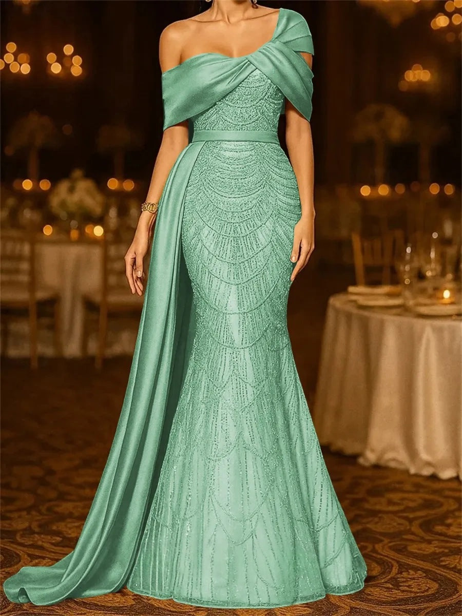 Sequin Mermaid / Trumpet Evening Gown Elegant Formal Dress Formal Wedding Floor Length Sleeveless Off Shoulder Sequined with Glitter