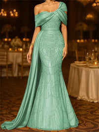 Sequin Mermaid / Trumpet Evening Gown Elegant Formal Dress Formal Wedding Floor Length Sleeveless Off Shoulder Sequined with Glitter