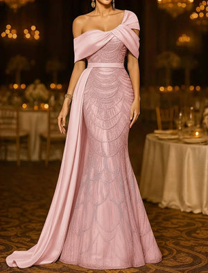 Sequin Mermaid / Trumpet Evening Gown Elegant Formal Dress Formal Wedding Floor Length Sleeveless Off Shoulder Sequined with Glitter