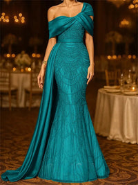 Sequin Mermaid / Trumpet Evening Gown Elegant Formal Dress Formal Wedding Floor Length Sleeveless Off Shoulder Sequined with Glitter