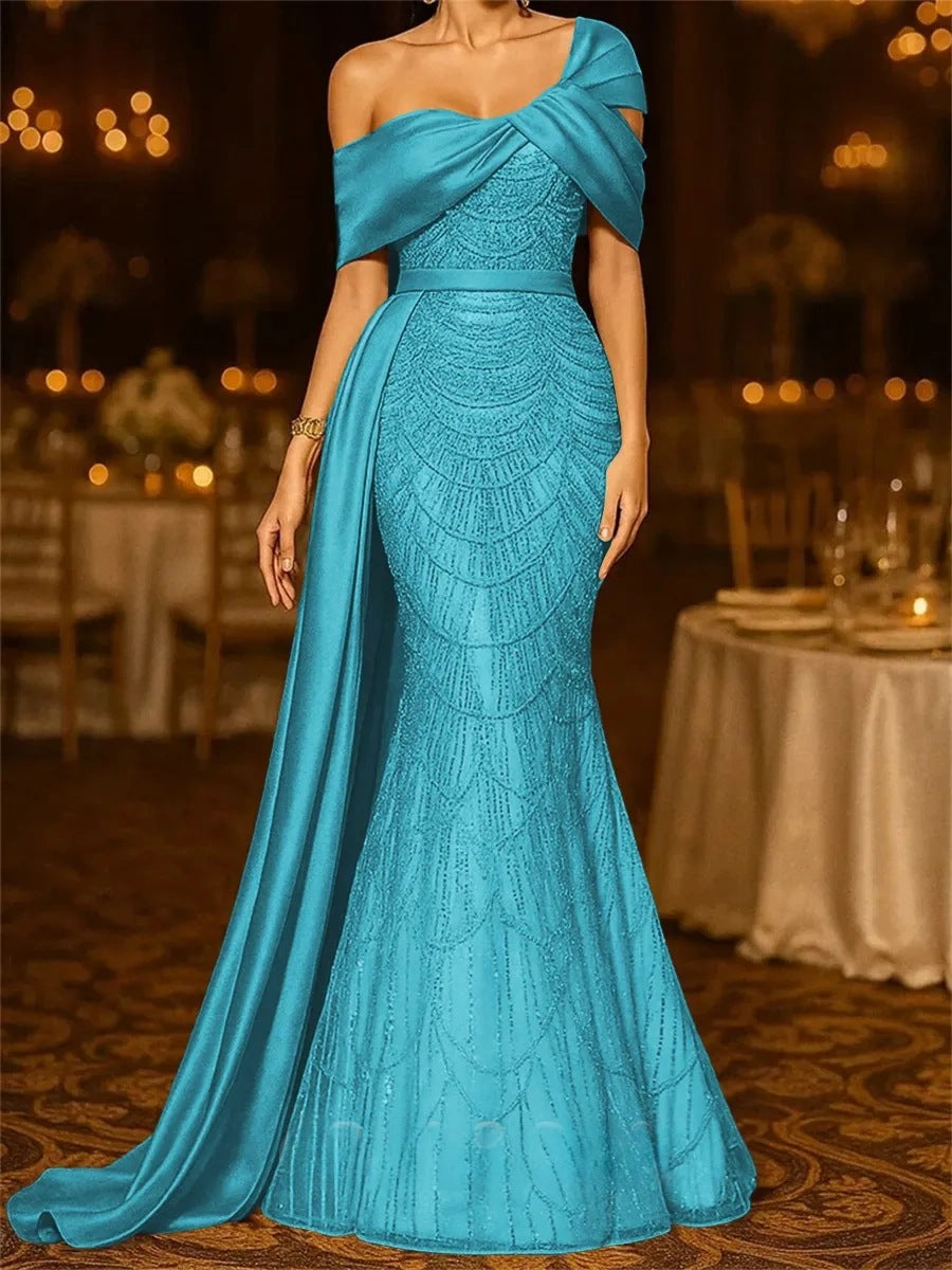 Sequin Mermaid / Trumpet Evening Gown Elegant Formal Dress Formal Wedding Floor Length Sleeveless Off Shoulder Sequined with Glitter