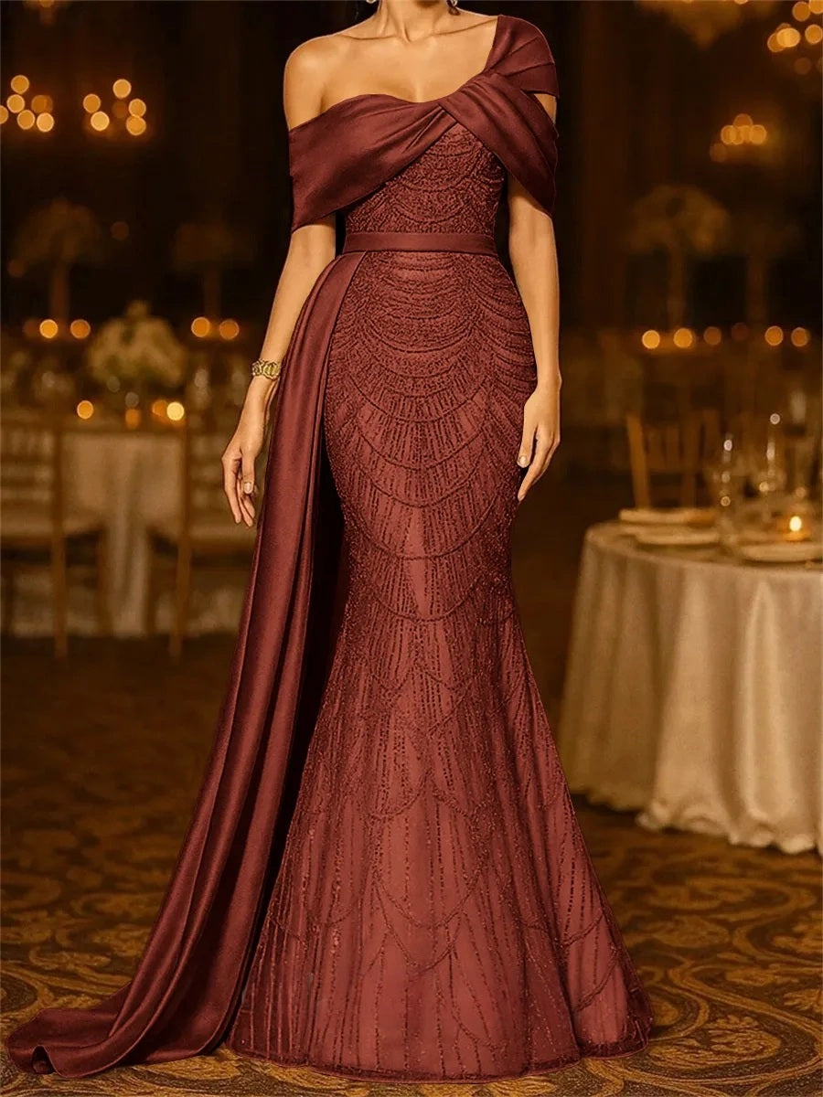 Sequin Mermaid / Trumpet Evening Gown Elegant Formal Dress Formal Wedding Floor Length Sleeveless Off Shoulder Sequined with Glitter