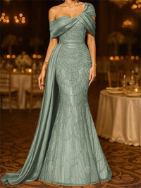 Sequin Mermaid / Trumpet Evening Gown Elegant Formal Dress Formal Wedding Floor Length Sleeveless Off Shoulder Sequined with Glitter