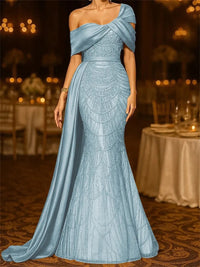 Sequin Mermaid / Trumpet Evening Gown Elegant Formal Dress Formal Wedding Floor Length Sleeveless Off Shoulder Sequined with Glitter