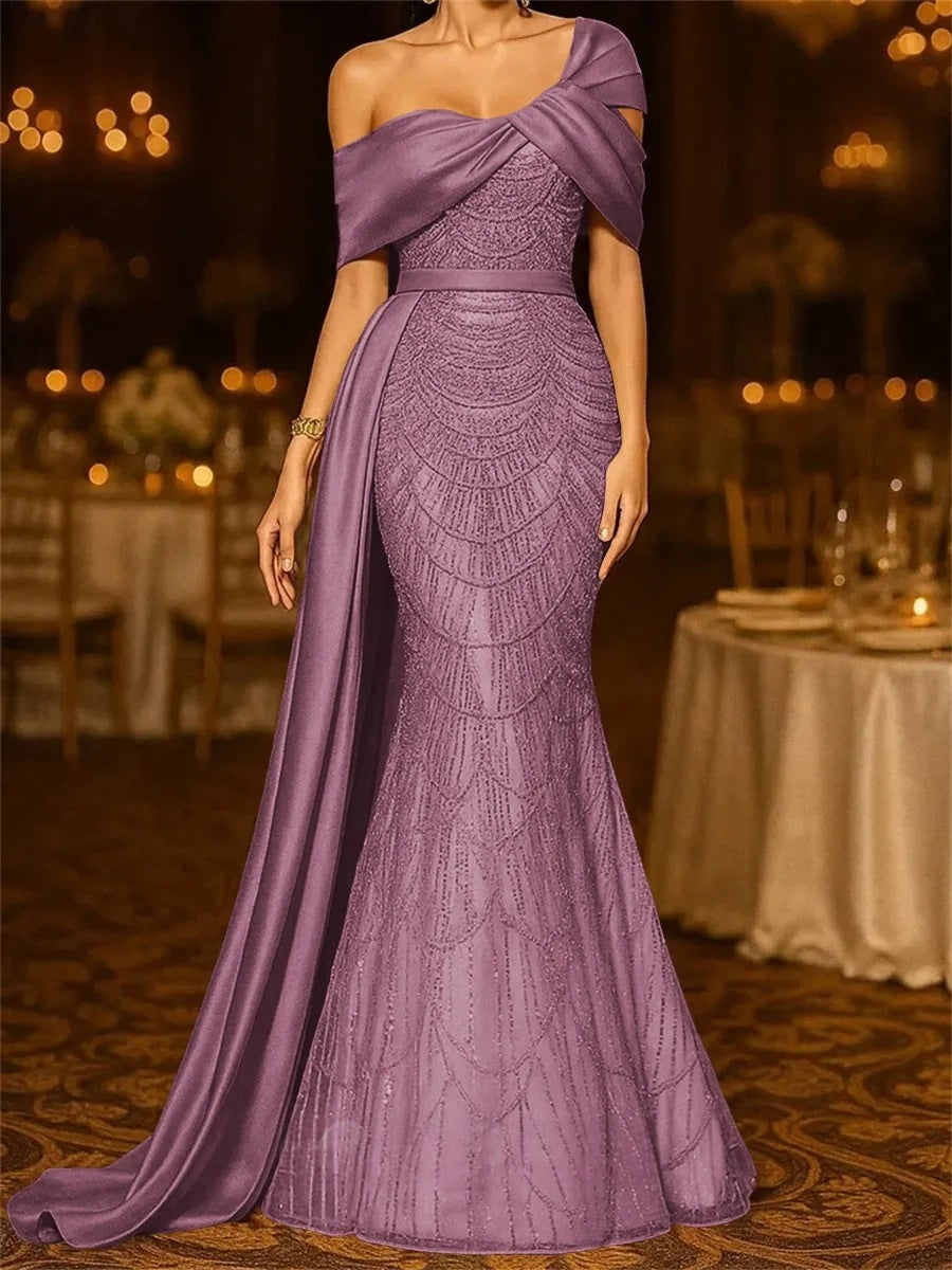 Sequin Mermaid / Trumpet Evening Gown Elegant Formal Dress Formal Wedding Floor Length Sleeveless Off Shoulder Sequined with Glitter