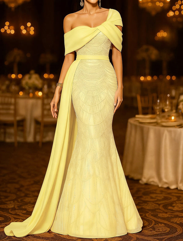 Sequin Mermaid / Trumpet Evening Gown Elegant Formal Dress Formal Wedding Floor Length Sleeveless Off Shoulder Sequined with Glitter