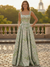A-Line Prom Dress Elegant Jacquard Floral Dress Floor Length Sleeveless Spaghetti Straps with Slit Pocket Sage Wedding Guest Dress